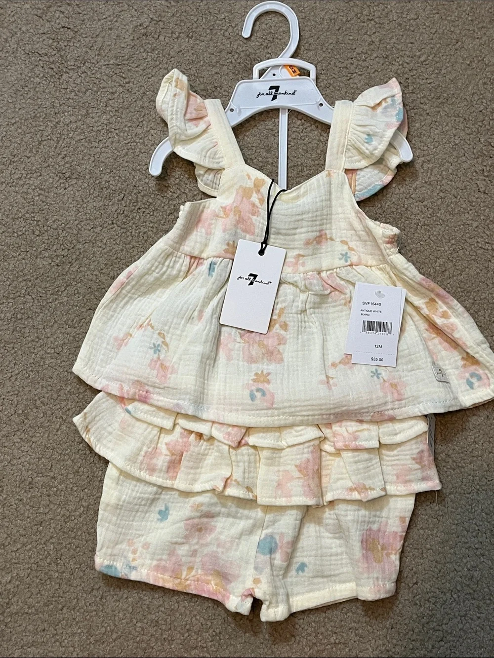 7 For All Mankind Baby Girl Floral Ruffle Top & Shorts Set 12M | NWT
